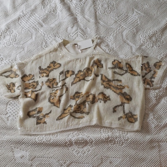 Free People Short Sleeved Sequined Cold Shoulder - Picture 2 of 5